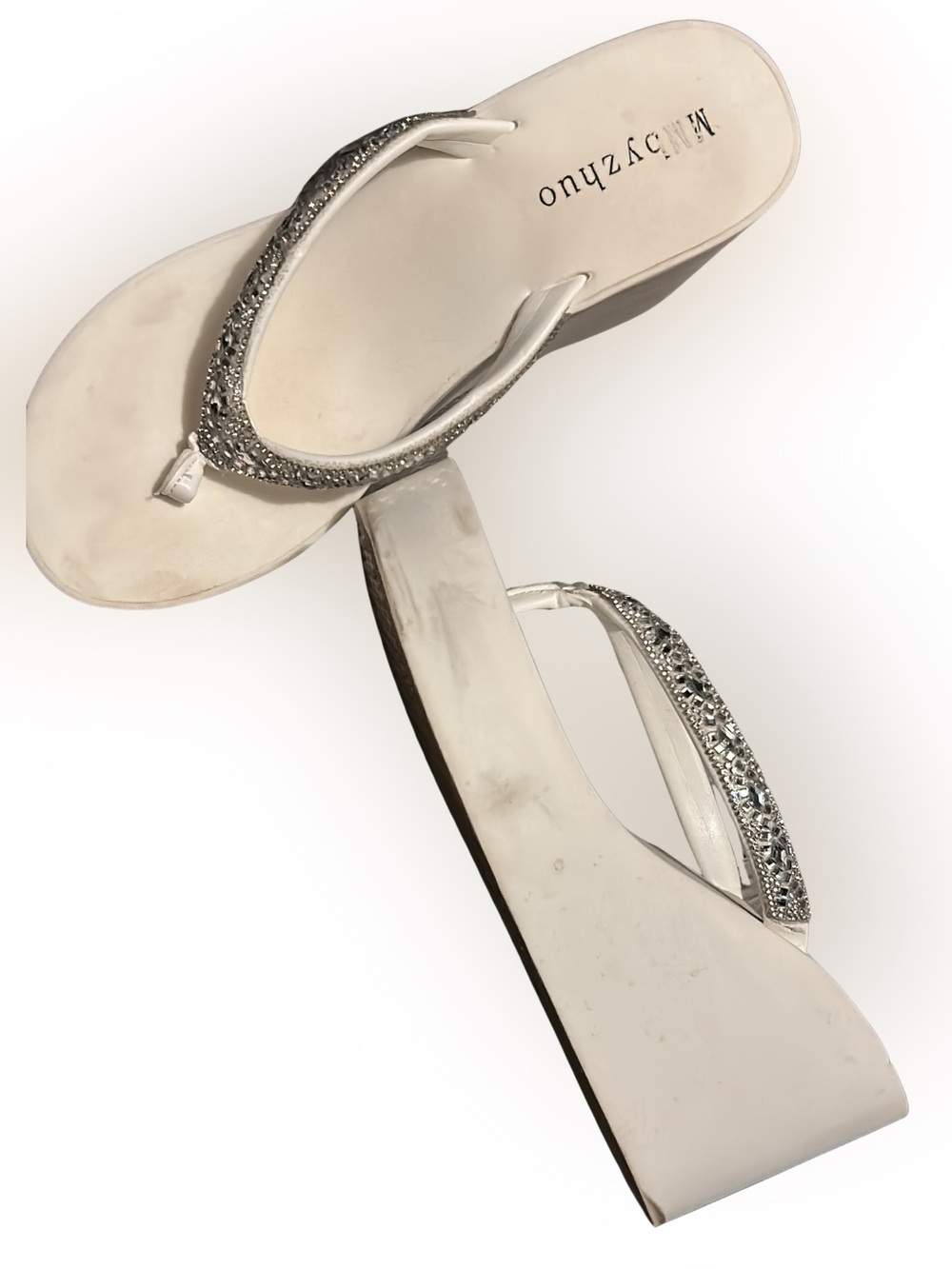 Y2K White Crystal Wedge Flip Flops